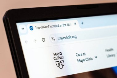 New York, USA - January 26, 2025: Mayo Clinic website displayed on a laptop screen, showcasing healthcare services and medical resources clipart