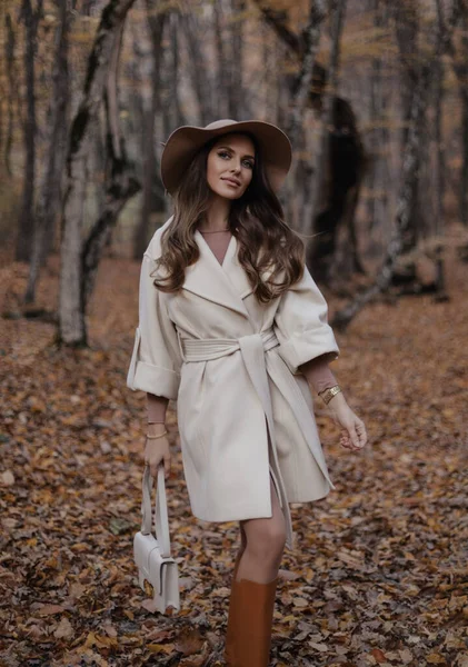 Foto Moda Aire Libre Hermosa Mujer Con Pelo Oscuro Abrigo —  Fotos de Stock