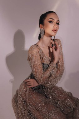 Moda stüdyosundaki fotoğrafta siyah saçlı, şık parti elbisesi ve aksesuarlarıyla güzel seksi bir kadın var.