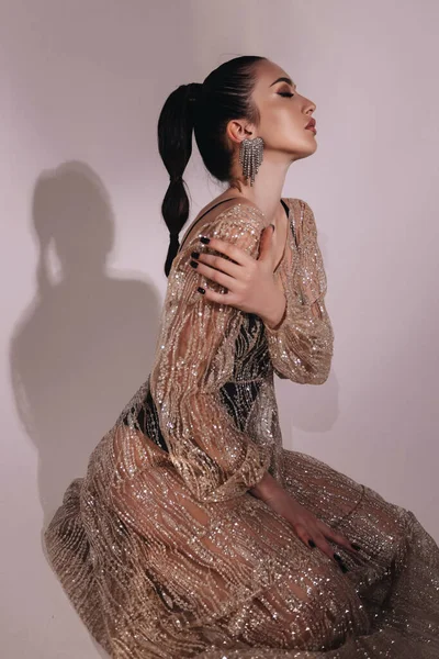 Studio Mody Zdjęcie Pięknej Seksownej Kobiety Ciemnymi Włosami Luksusowej Sukni — Zdjęcie stockowe