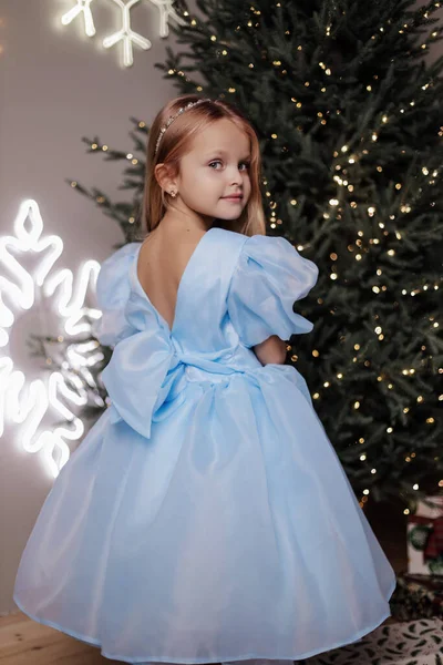 Christmas Photo Beautiful Cute Girl Blond Hair Elegant Dress Posing — Stock Photo, Image