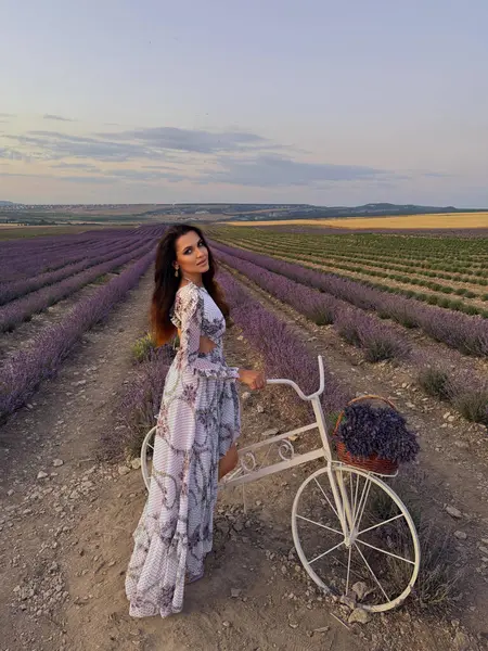 Gün batımında lavanta çiçekli sahada aksesuarlarla poz veren siyah saçlı güzel bir kadının açık hava fotoğrafı.