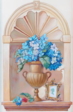 Lviv Ukrayna 'nın duvarındaki vazodaki duvar resmi çok güzel süslenmiş.