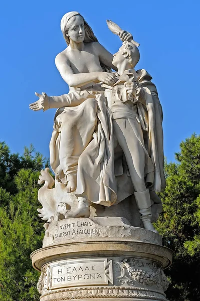Greece crowned Lord Byron, Athens, Greece. In English top inscription means Designed by Chapu and sculptured by A. Falguiere and bottom one means From Greece to Byron