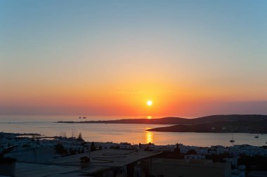 Sunset over port of Parikia, Paros, Greece