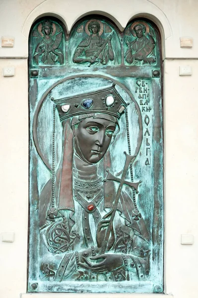 Basreliéf Svaté Princezny Olgy Fasádě Katedrály Panny Marie Kyjev Ukrajina — Stock fotografie