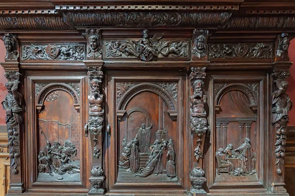 Painel Esculpido Madeira Mobília Antiga — Fotografia de Stock