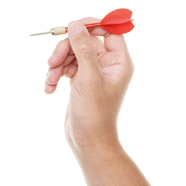 Mano Sosteniendo Dardo Rojo Aislado Sobre Fondo Blanco — Foto de Stock