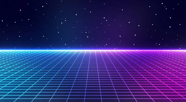 Retro Cyberpunk Stijl Achtergrond Sci Achtergrond Neon Licht Raster Landschappen — Stockvector