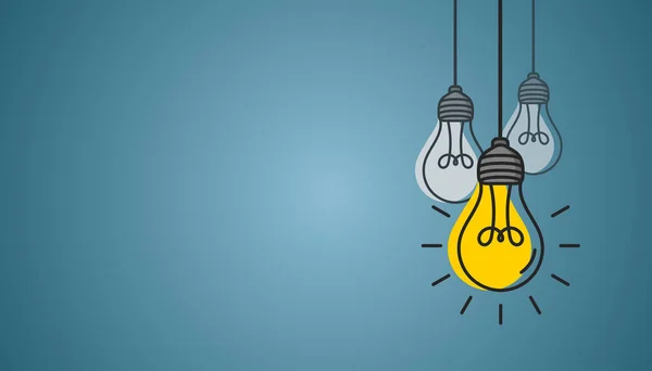 Mavi arka planda parlayan ampuller asıyorum. Fikir kavramı