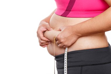 Fat woman measuring her stomach isolated on white background. Overweight, Obesity. Woman diet lifestyle concept clipart