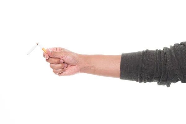 Muž Držící Rozbitou Cigaretu Rukou Izolovaných Bílém Pozadí Přestaň Kouřit — Stock fotografie