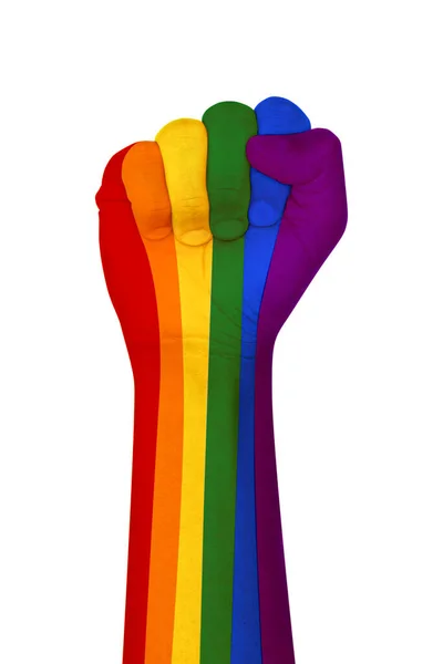 Rainbow Färgad Hand Med Knytnäve Upp — Stockfoto