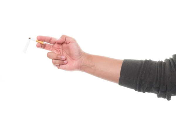 Uomo Che Tiene Una Sigaretta Rotta Mani Isolate Sfondo Bianco — Foto Stock