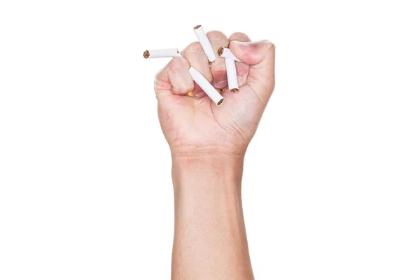 Masculino Mano Aplastamiento Cigarrillo Aislado Sobre Fondo Blanco Deja Fumar — Foto de Stock