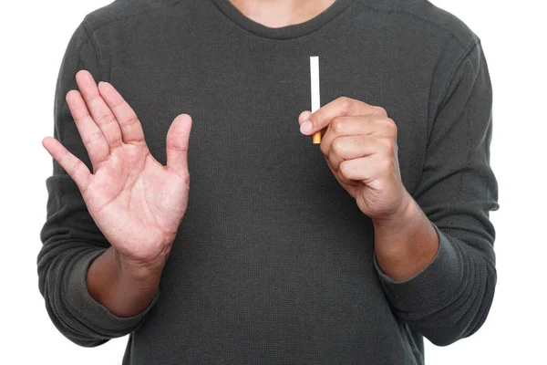 День Тютюну Людина Тримає Сигарету Робить Стоп Жест Долонею Припини — стокове фото