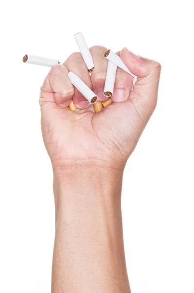 Male Hand Crushing Cigarette Isolated White Background Stop Smoking World — Stock Photo, Image