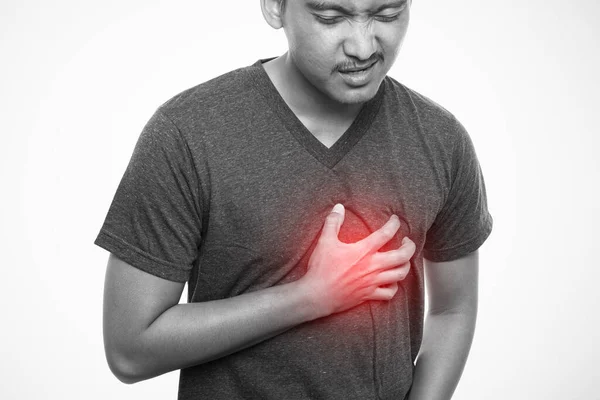 Homem Ter Ataque Cardíaco Isolado Fundo Cinzento Conceito Saúde Problema — Fotografia de Stock