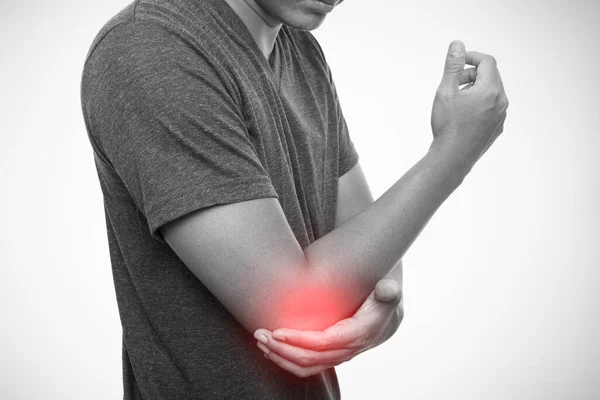 Man Pain Elbow Isolated Gray Background — Stock Photo, Image