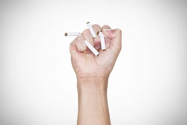 Masculino Mano Aplastamiento Cigarrillo Sobre Fondo Gris Deja Fumar Mundo — Foto de Stock
