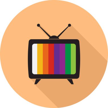 Turuncu arkaplanda uzun gölgesi olan televizyon simgesi, düz tasarım biçimi