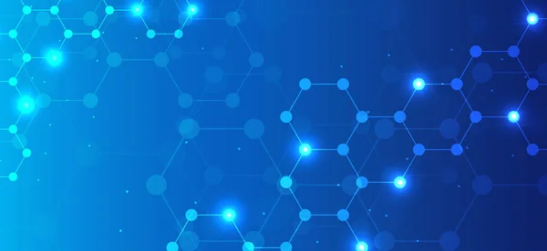 Altıgen desenli mavi arka plan. Genetik araştırma, moleküler yapı. Kimya mühendisliği. Yenilik teknolojisi kavramı. Tasarım, sağlık, bilim ve tıp geçmişi için kullanılır.