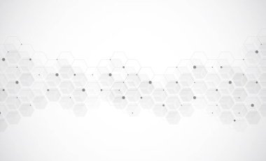 Gri arkaplanda altıgen deseni var. Genetik araştırma, moleküler yapı. Kimya mühendisliği. Yenilik teknolojisi kavramı. Tasarım, sağlık, bilim ve tıp geçmişi için kullanılır.