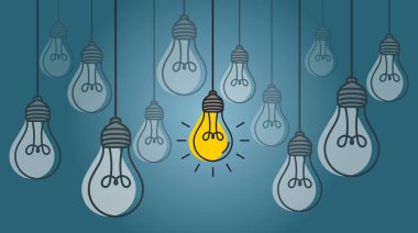 Mavi arka planda parlayan ampuller asıyorum. Fikir kavramı