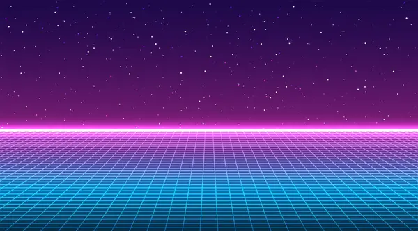 Geçmişe dönük neon şebeke arka planı. Perspektif ızgarası