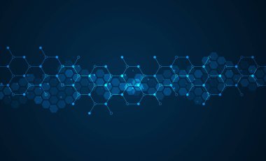 Soyut altıgen arkaplan. Moleküler yapı ve genetik mühendisliği. Yenilik teknolojisi. Tasarım, sağlık, bilim ve tıp geçmişi için kullanılır.