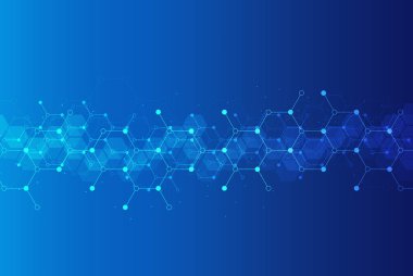 Hexagons pattern on blue background. Genetic research, molecular structure. Chemical engineering. Concept of innovation technology. Used for design healthcare, science and medicine background