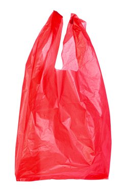Kırmızı plastik torba beyaz arkaplanda izole edildi, kırpma yolu