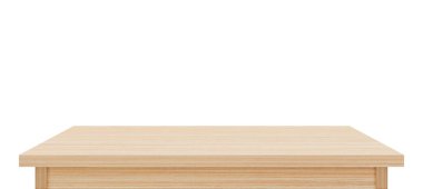 Kahverengi ahşap masa beyaz arka planda izole edilmiş. Ürünlerinizi görüntülemek veya montajlamak için kullanılır.