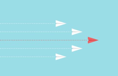 Liderlik ya da farklı kavram. İş yatırımından başarıya. Kırmızı ve beyaz kağıt uçak rotası mavi arkaplan üzerinde.