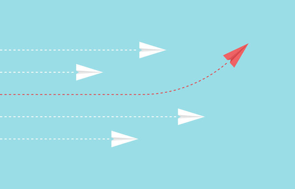 Лидерство или другая концепция. Бизнес инвестиции к успеху. Маршрутная линия из красной и белой бумаги на синем фоне.