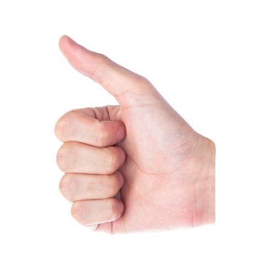 Müşterinin eli, beyaz arka planda izole edilmiş baş parmağını gösteriyor. Kesme yolu.