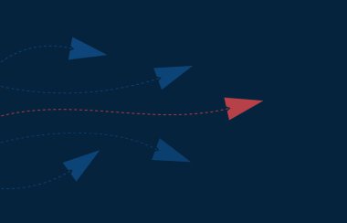 Liderlik ya da farklı kavram. İş yatırımından başarıya. Kırmızı ve beyaz kağıt uçak rotası mavi arkaplan üzerinde.