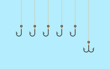 Sahtekarlık konsepti. Mavi arkaplanda olta kancası simgeleri