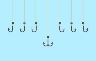 Sahtekarlık konsepti. Mavi arkaplanda olta kancası simgeleri