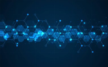 Hexagons pattern on blue background. Genetic research, molecular structure. Chemical engineering. Concept of innovation technology. Used for design healthcare, science and medicine background 