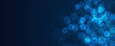 Dijital teknoloji geçmişi. Çizgiler ve noktalarla soyut altıgenler. Bilim, tıp veya teknoloji için tasarım