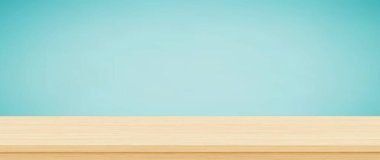 Mavi arkaplanda boş tahta masa üstü, ürün gösterimi için şablon oluşturun