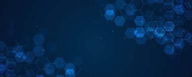 Dijital teknoloji geçmişi. Çizgiler ve noktalarla soyut altıgenler. Bilim, tıp veya teknoloji için tasarım