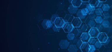 Dijital teknoloji geçmişi. Çizgiler ve noktalarla soyut altıgenler. Bilim, tıp veya teknoloji için tasarım