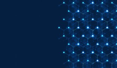 Hexagons pattern on blue background. Genetic research, molecular structure. Chemical engineering. Concept of innovation technology. Used for design healthcare, science and medicine background