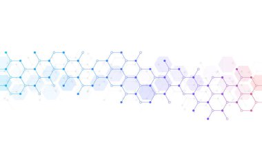 Gri arkaplanda altıgen deseni var. Genetik araştırma, moleküler yapı. Kimya mühendisliği. Yenilik teknolojisi kavramı. Tasarım, sağlık, bilim ve tıp geçmişi için kullanılır.