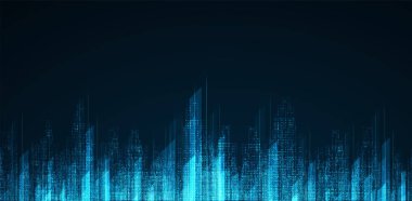 Koyu mavi arkaplanlı parlak neonlu şehir manzarası. Teknoloji şehri geçmişi