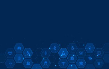 Düz simgeler ve sembollerle sağlık hizmeti kavramı. Tasarım, sağlık, bilim ve tıp geçmişi için kullanılır.