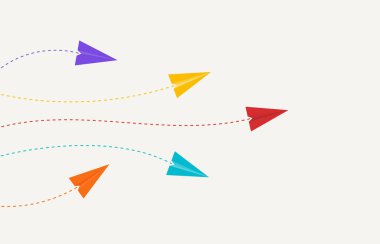 Liderlik ya da farklı kavram. İş yatırımından başarıya. Kırmızı ve beyaz kağıt uçak rotası mavi arkaplan üzerinde.