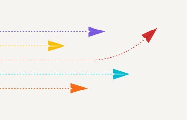 Liderlik ya da farklı kavram. İş yatırımından başarıya. Kırmızı ve beyaz kağıt uçak rotası mavi arkaplan üzerinde.